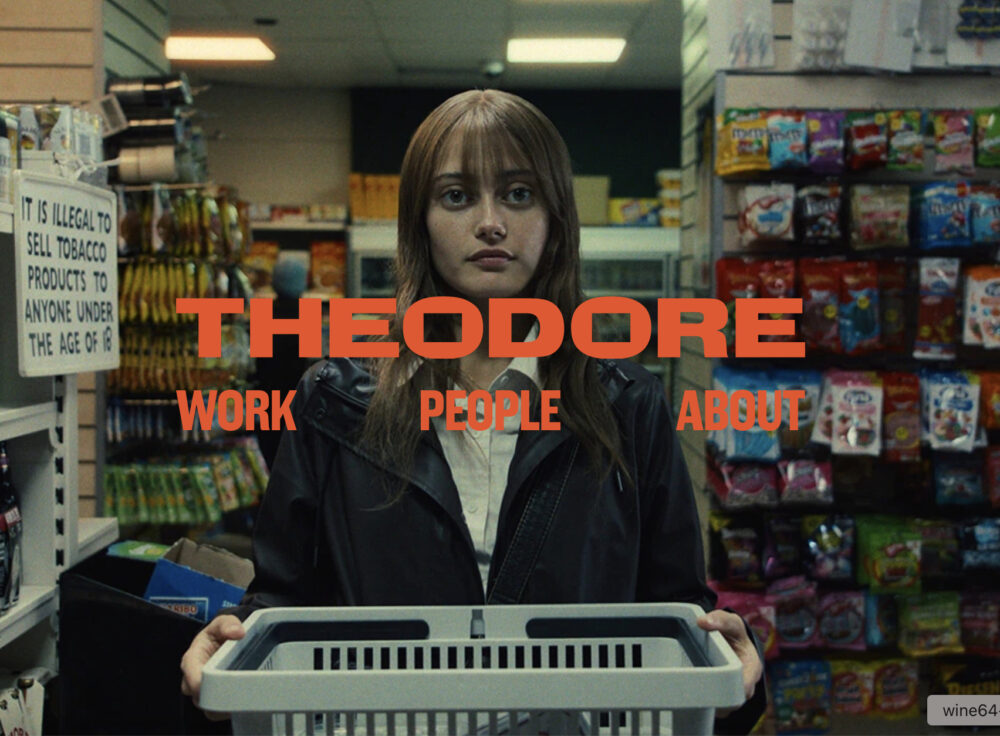 The Theodore Music website homepage, a film still with the Theodore logo and navigation across it